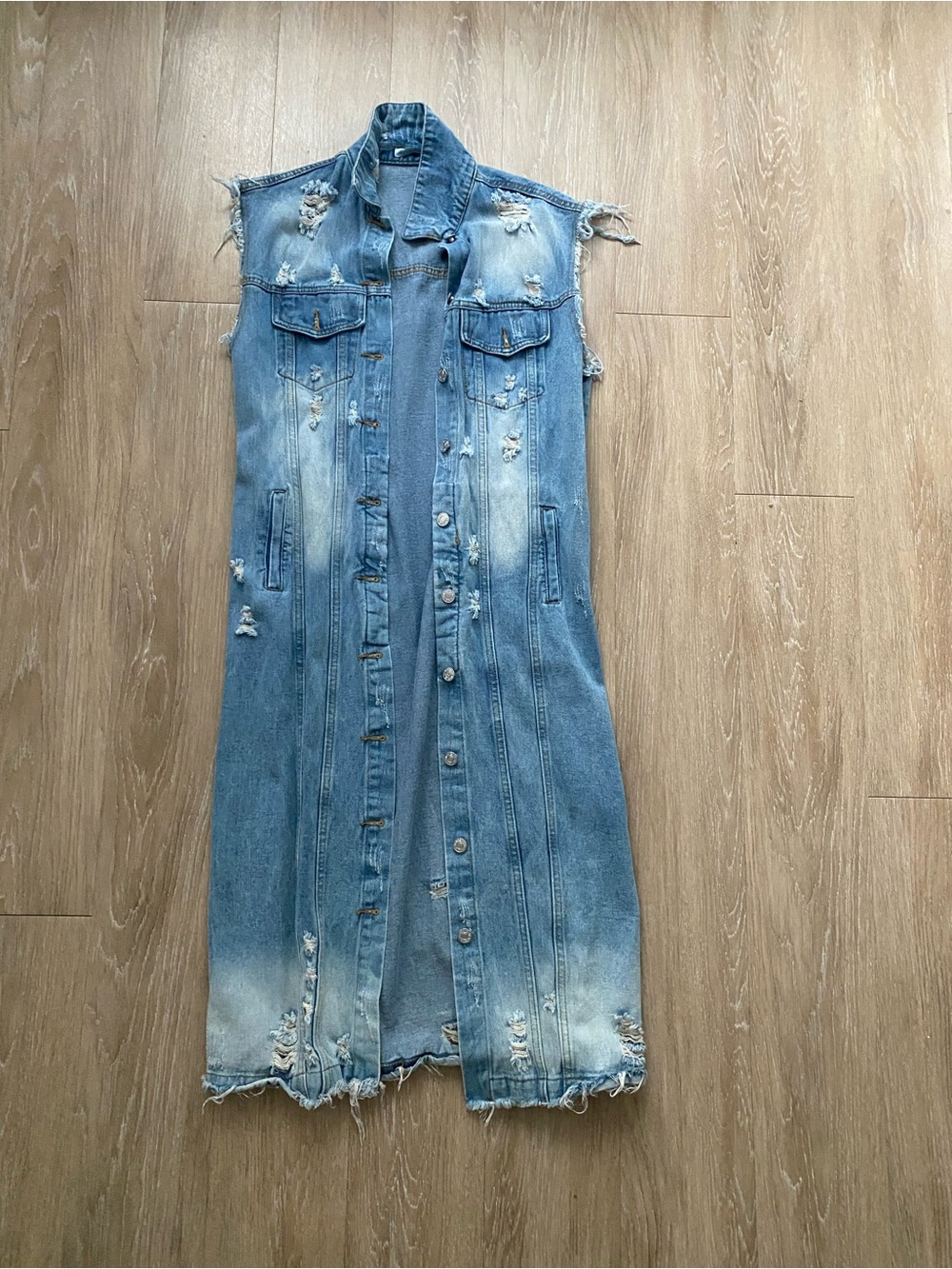 Distressed Light Blue Denim Long Vest
